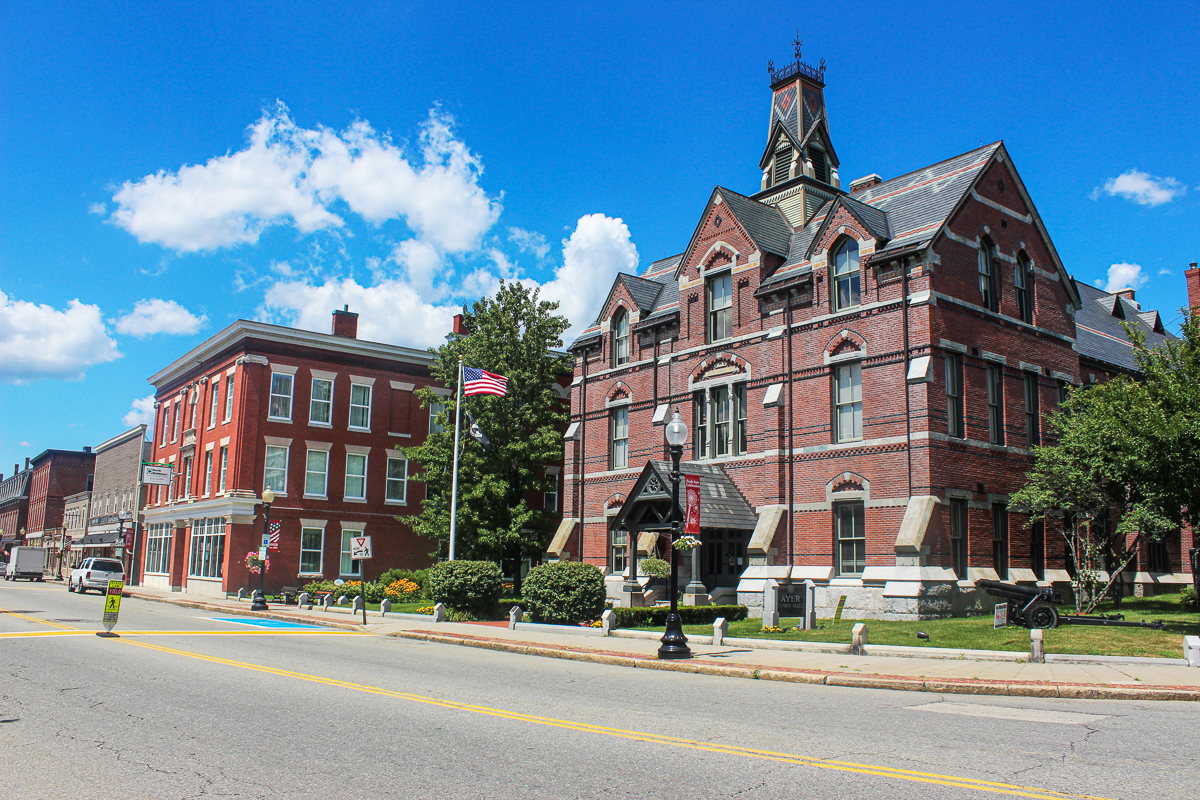 Downtown Main Street, including Town Hall and Main Street Bank.